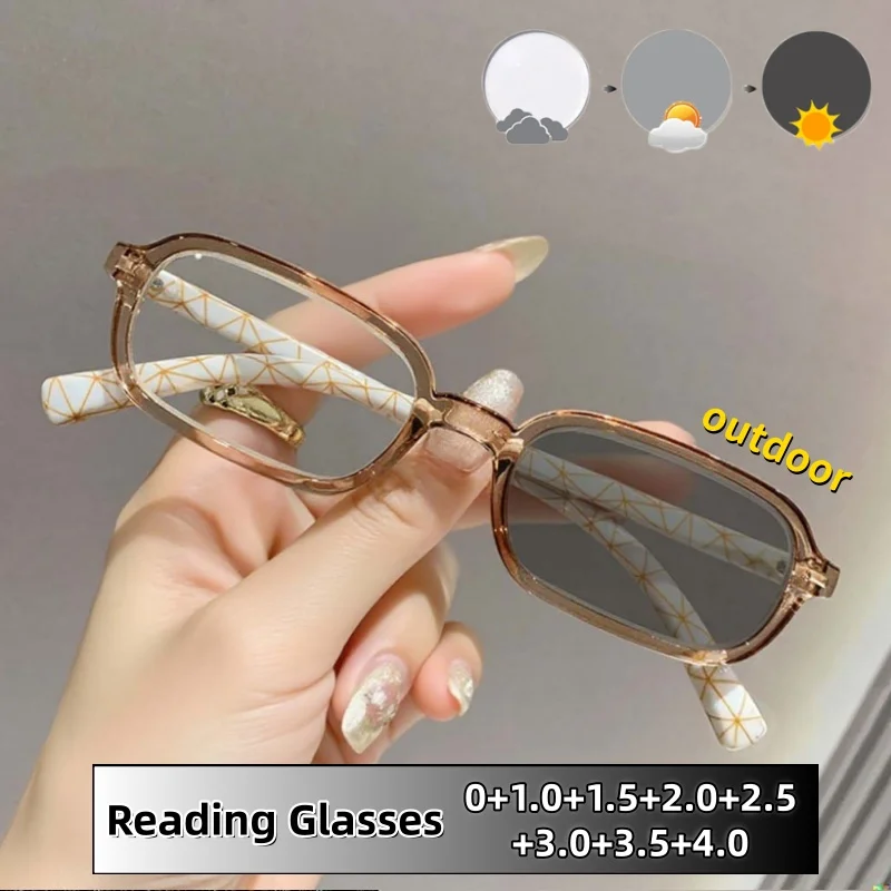 

Classic Business Square Frame Photochromic Reading Glasses Fashion Luxury HD Ultralight Eyeglasses for Women Men 0 To +4.0