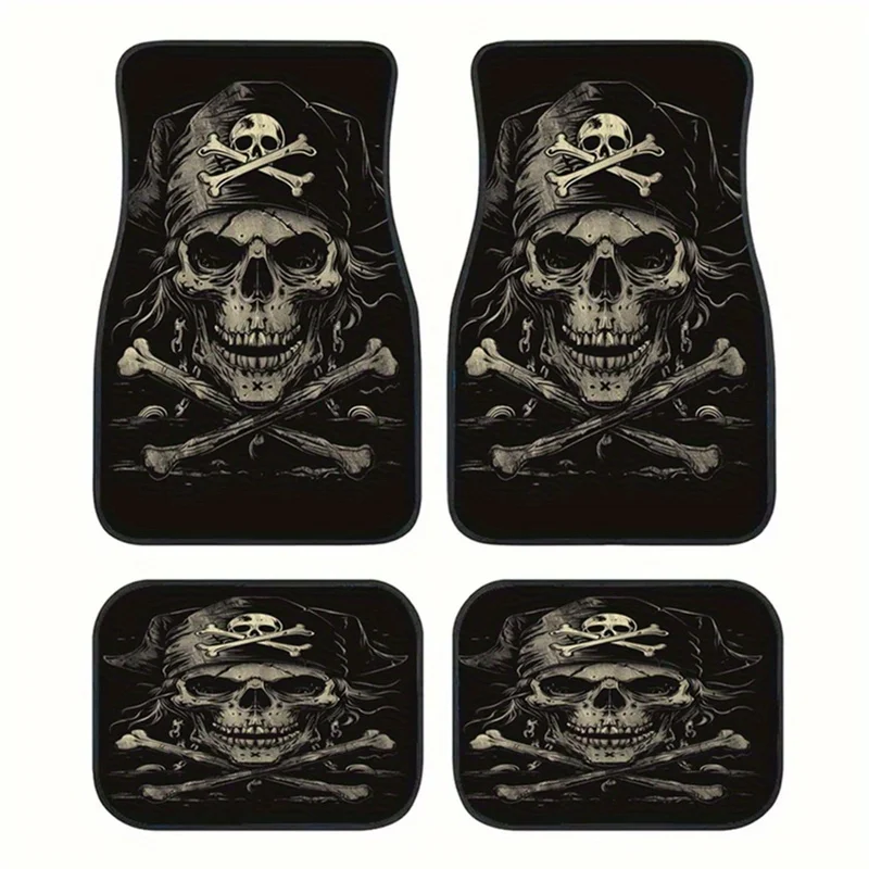 Four-Piece Cartoon Pirate Skull Printed Car Floor Mats | Polyester, Universal Fit, Interior Decorative Additions