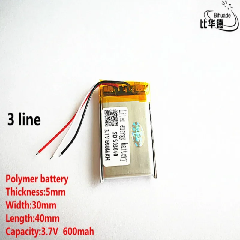 5pcs/lot 3 line Good Qulity 3.7V,600mAH,503040 Polymer lithium ion / Li-ion battery for TOY,POWER BANK,GPS,mp3,mp4