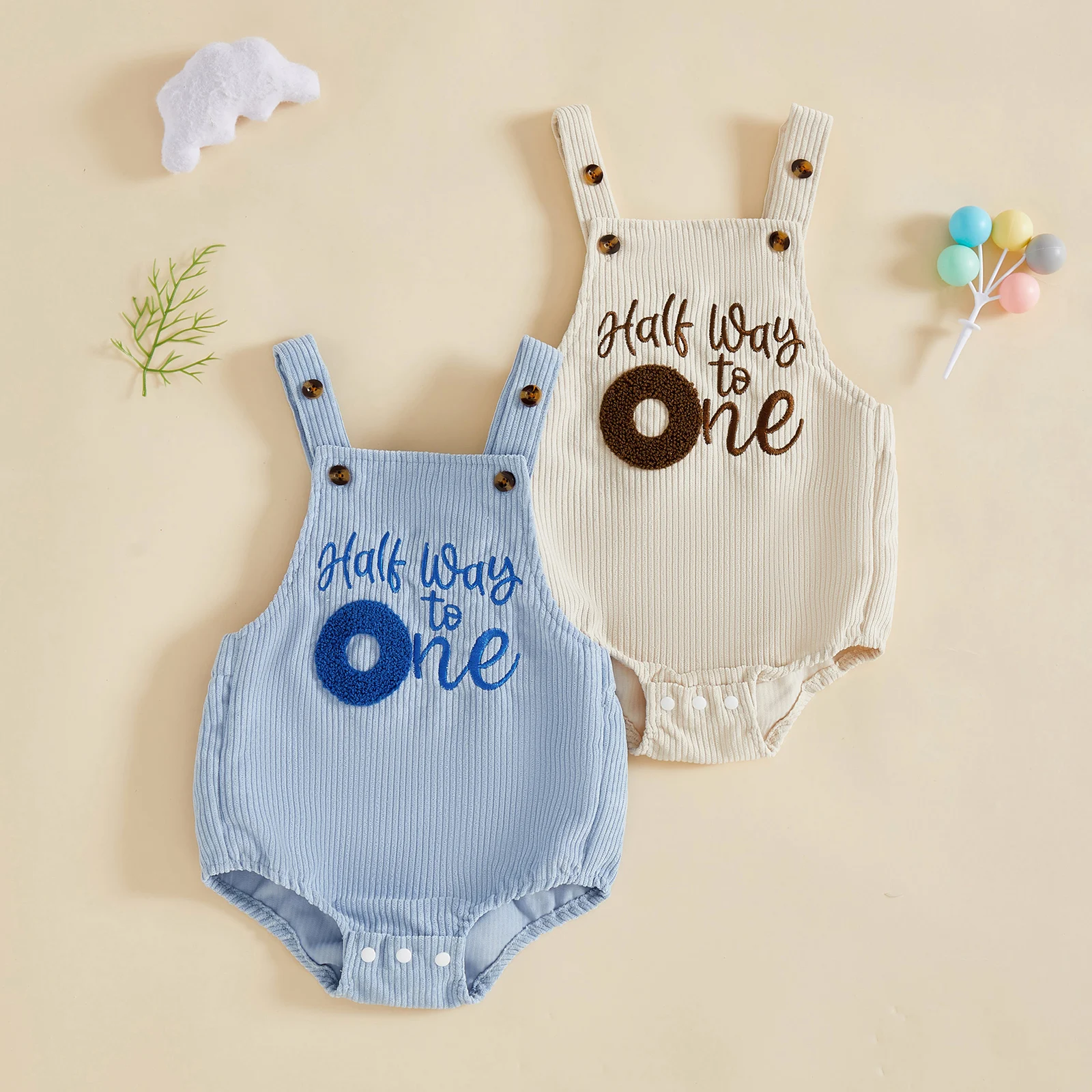 Baby Half Birthday Corduroy Romper Loose Fit Letter Number Print Sleeveless Bodysuits Jumpsuit for Daily Life and Birthday