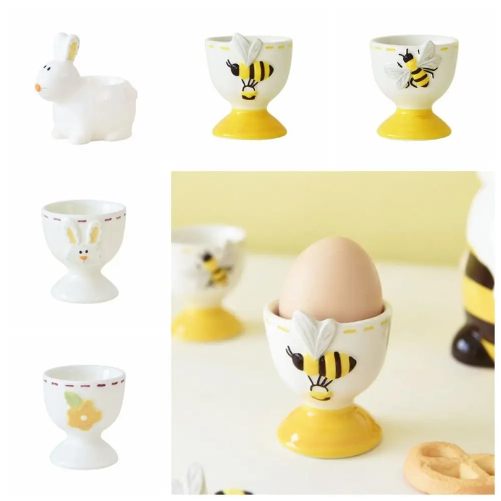 Cute Ceramic Egg Holder Rabbit Bee 3D Cartoon Egg Cup Thermostability Table Centerpieces Steamed Egg Cup Dishwasher Safe