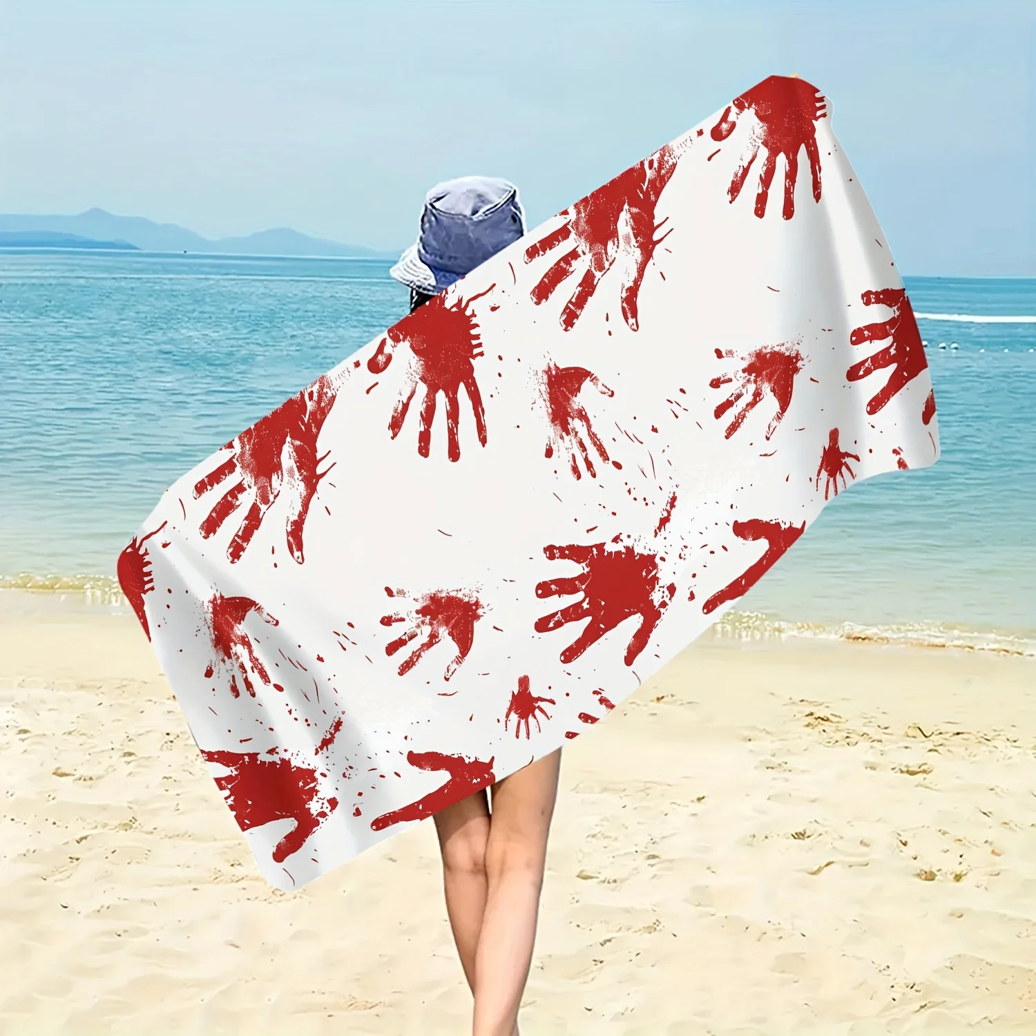 Bloody Handprint Beach Towel, Horror Red Hand Print, Quick Dry Microfiber, Oversized for Beach Pool, Halloween Gift