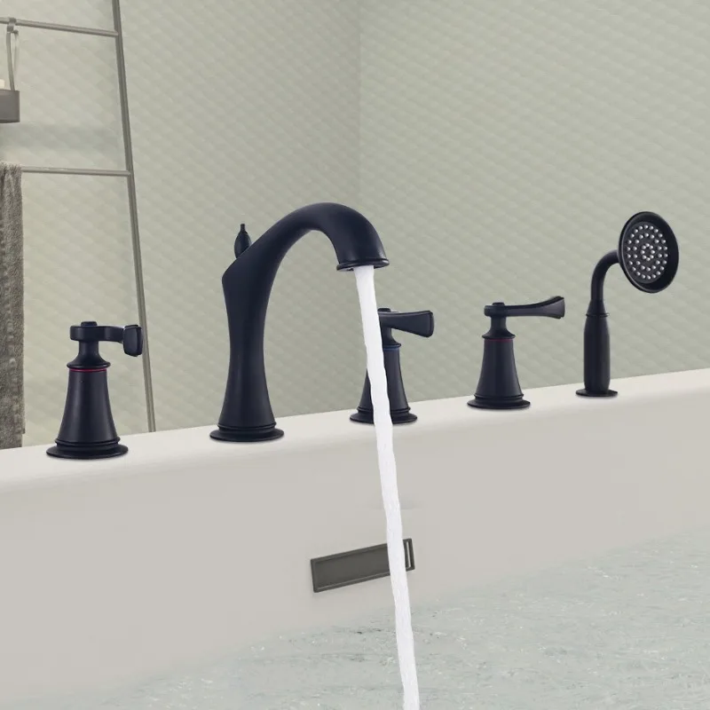 All-copper bathtub faucet, cylinder-side five-hole black and gold faucet, hotel engineering four-hole extended mouth hotel style