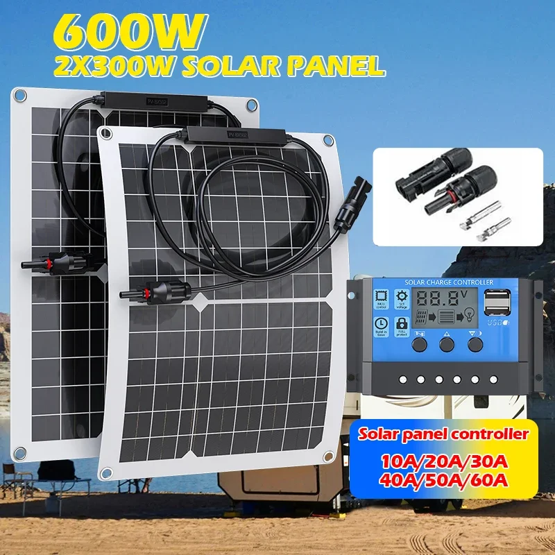

600W 12V High-Efficiency Flexible Solar Panel Charger Kit with LCD Display 100A Controller - For RV Campers Trailers