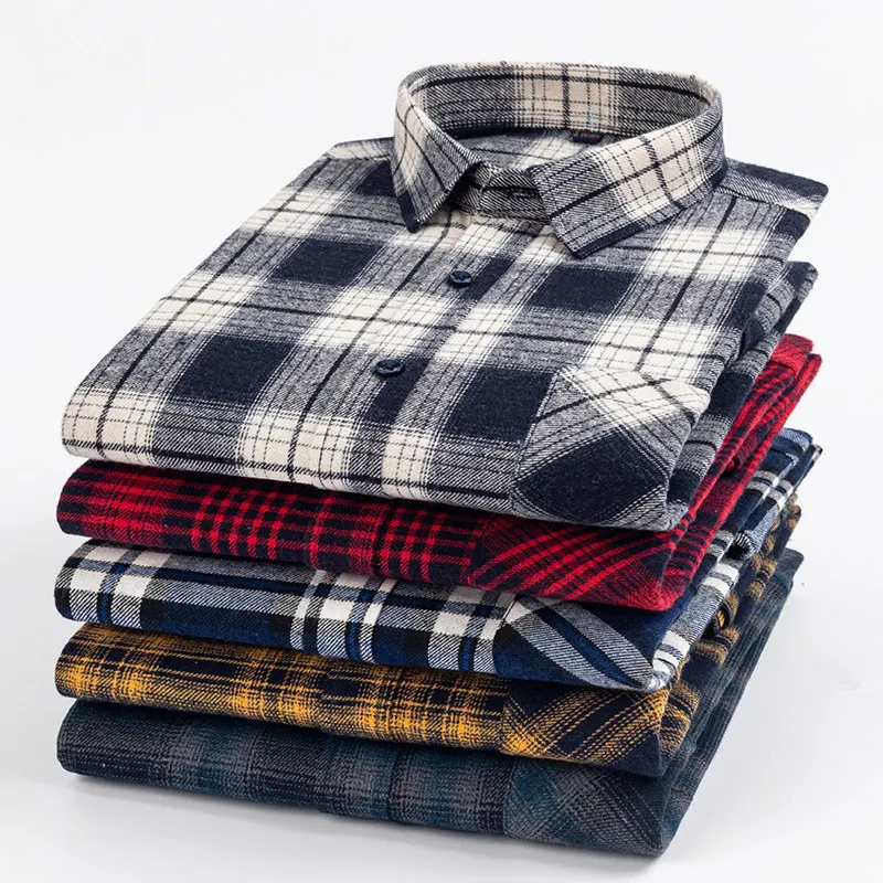 2026 New Casual Fashion Brushed Cotton Plaid Long-Sleeve Shirt for Men, Square Neck Premium 100% Long-Staple Cotton Men's Camisa