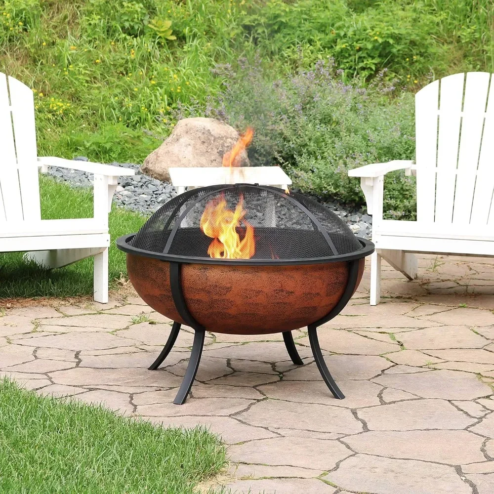 32-Inch Steel Fire Pit Bowl - Includes Spark Screen, Wood Grate, and Poker - High-Temperature Copper Finish  portable fire pit