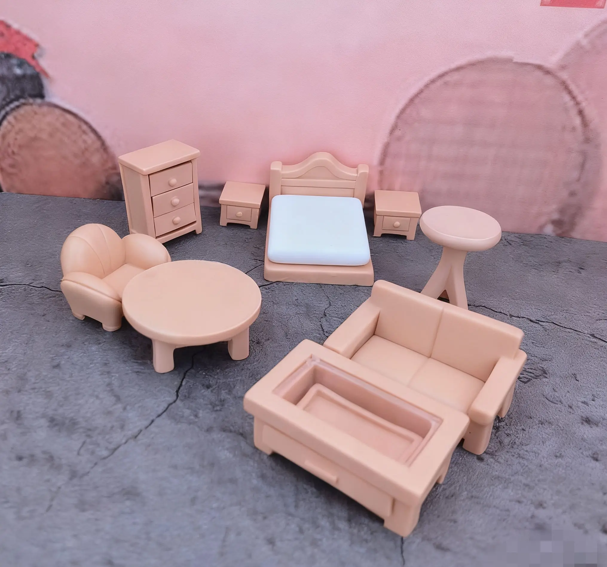 1:12 bjd casa de bonecas diy conjunto de móveis em miniatura-mesa/cadeiras/sofá de madeira, mini adereços de cena realistas para brincar de fingir e decoração