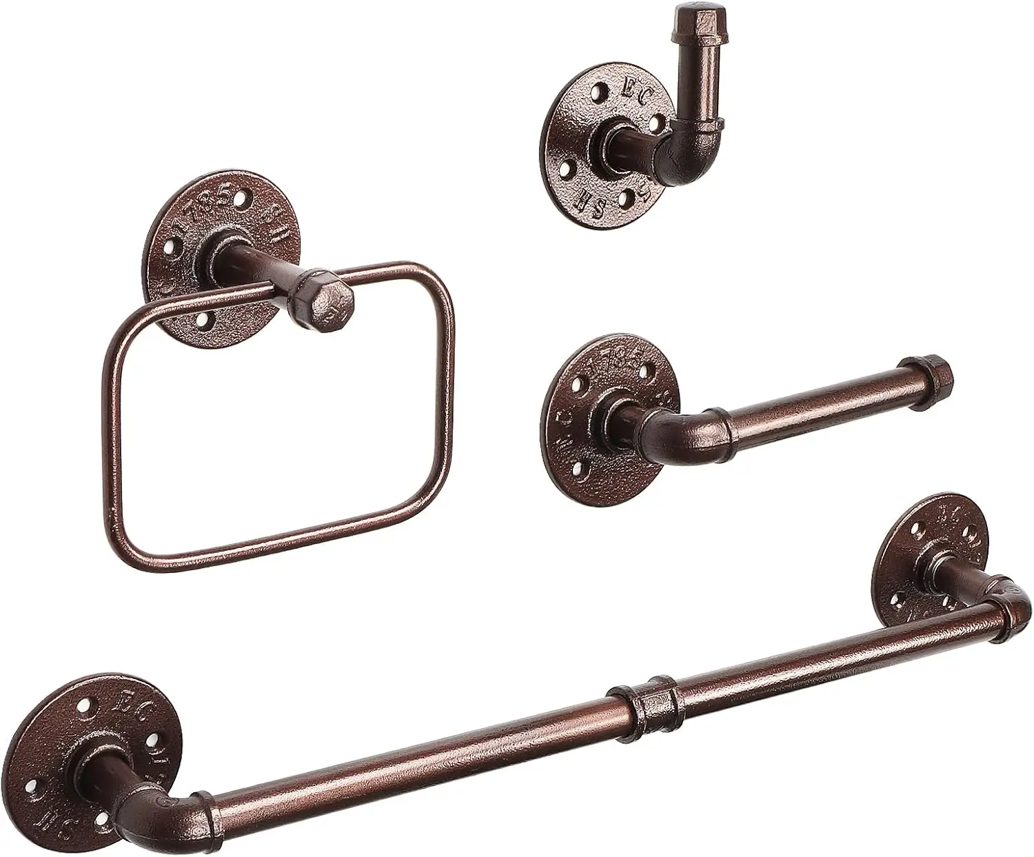 

4-Piece Industrial Pipe Bathroom Set: 18' Towel Bar, Ring, Holder & Hook, Rustic Bronze Wall Mount Kit