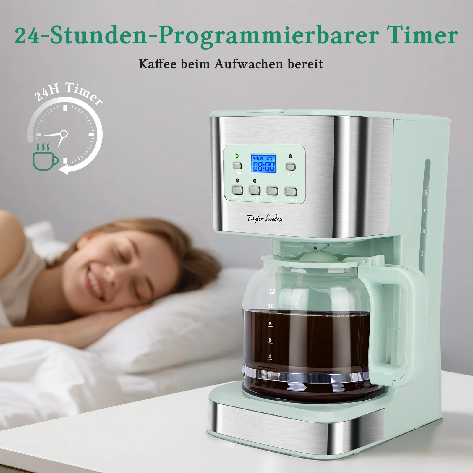 ماكينة صنع القهوة تايلور سوودن مع مؤقت، ماكينة صنع القهوة بفلتر 1.5 لتر، 12 كوب، إيقاف تلقائي، توقف بالتنقيط، فلتر قابل لإعادة الاستخدام