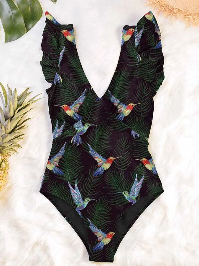 V-Neck Swimwear for Women Printed Ruffle Beach Outfits Summer Design Sense 1 Piece Swimsuit Sexy Beachwear Fashion New 2023