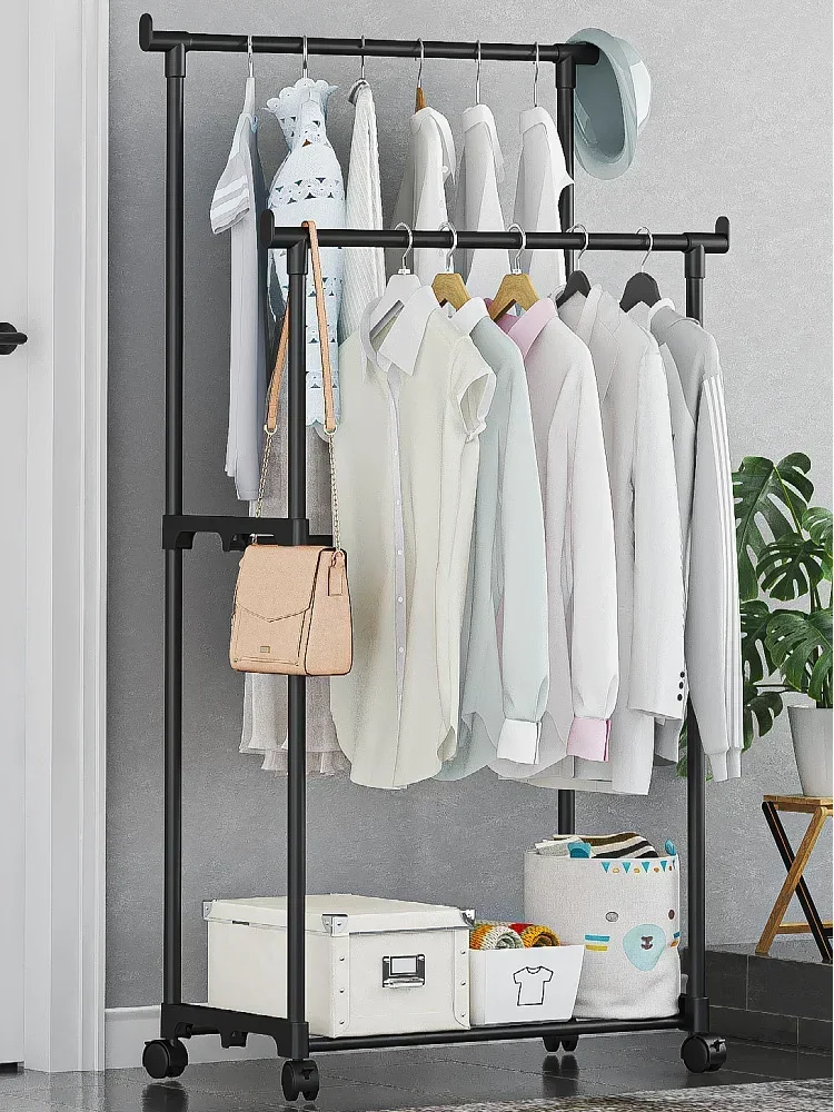 Simple Double Rod Clothes Rack Movable Wheeled Floor-Standing Coat Rack Bedroom Hanging Shelf Telescopic Clothes Storage Holders