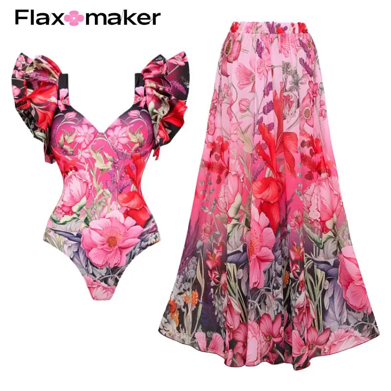 FLAXMAKER Ruffled Blooming Flowers Print One Piece Swimsuit and Sarong Swimwear Women Vacation Beachwear  Clearance Wholesale