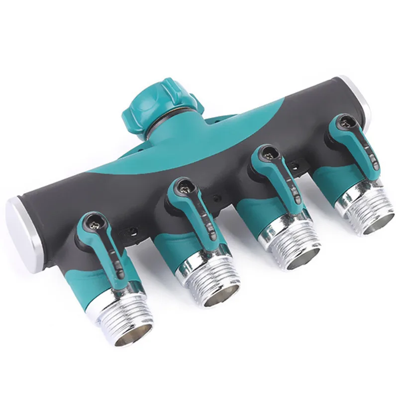 1Pcs Zinc Alloy 4-Way Water Pipe Joint Garden Hose 3/4''  Water Faucet Splitter with Shut Off Valves Leakproof Hose Connectors