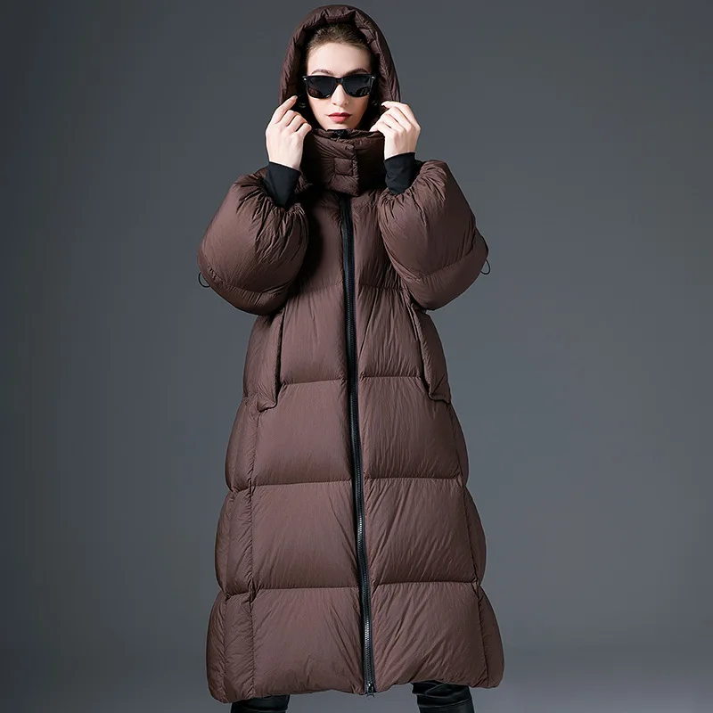 Luxury High Quality Winter Down Jacket Women A-line White Duck Down Puffer Jacket Thicken Long Coat Hooded Windproof Trench Coat