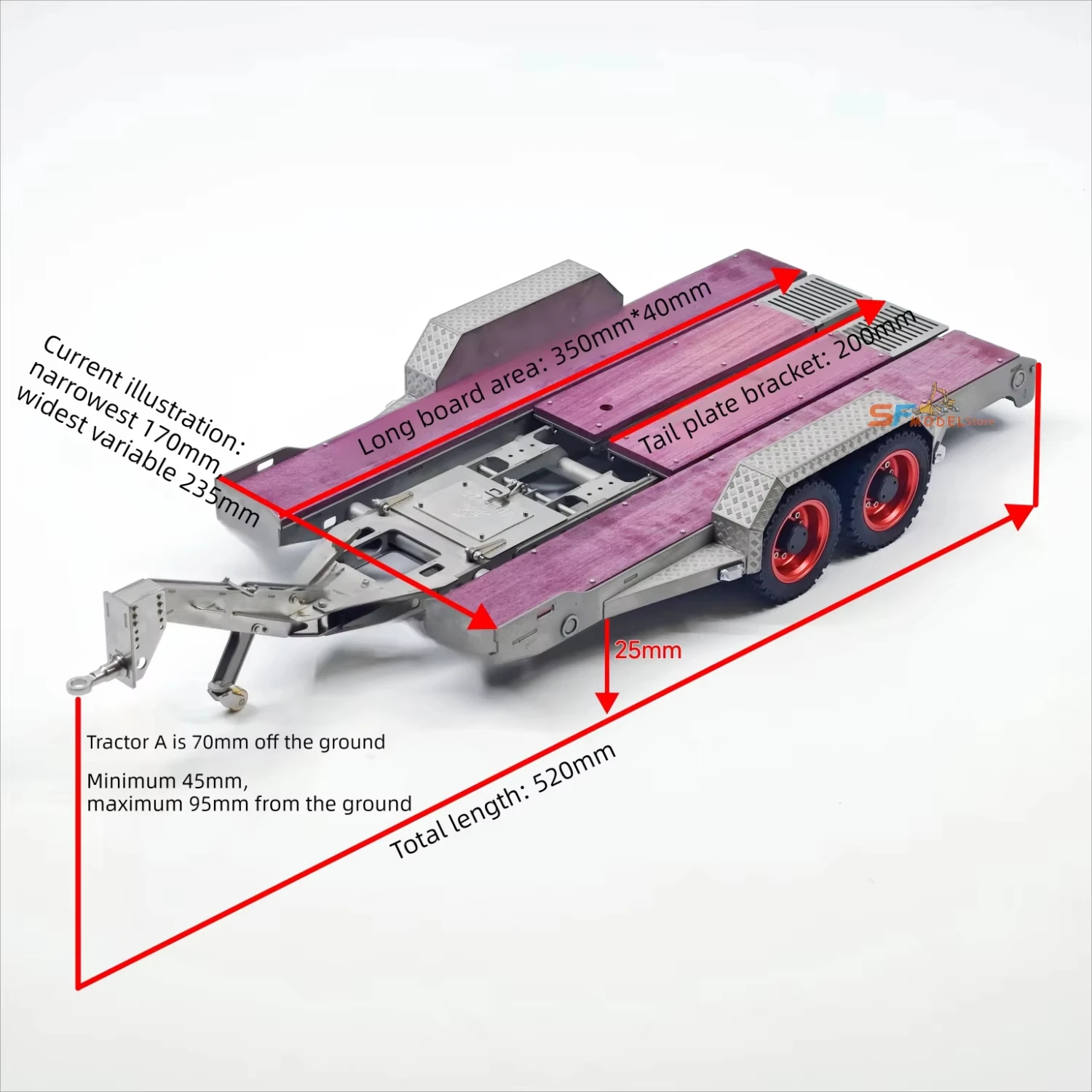 JDM model dual axis metal flat trailer simulation adjustable trailer RC remote control car climbing car universal