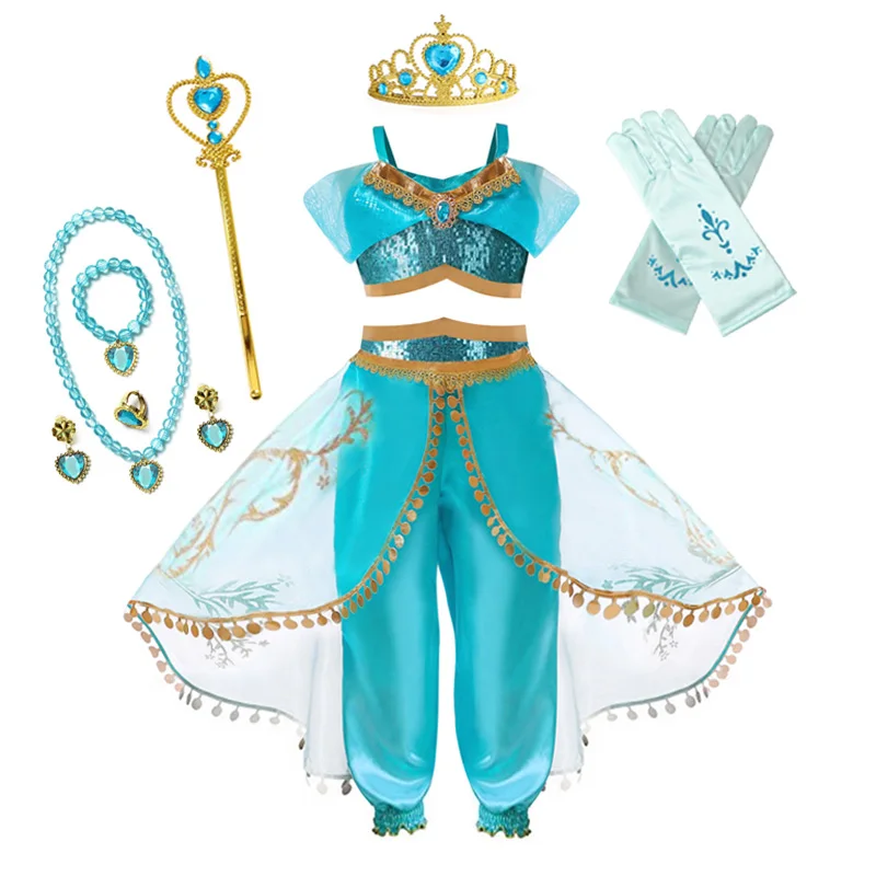 Disney Jasmine Princess Dress for Girls Cosplay Aladdin Magic Lamp Costume Outfit Girls Halloween Kids Carnival Dance Vestidos