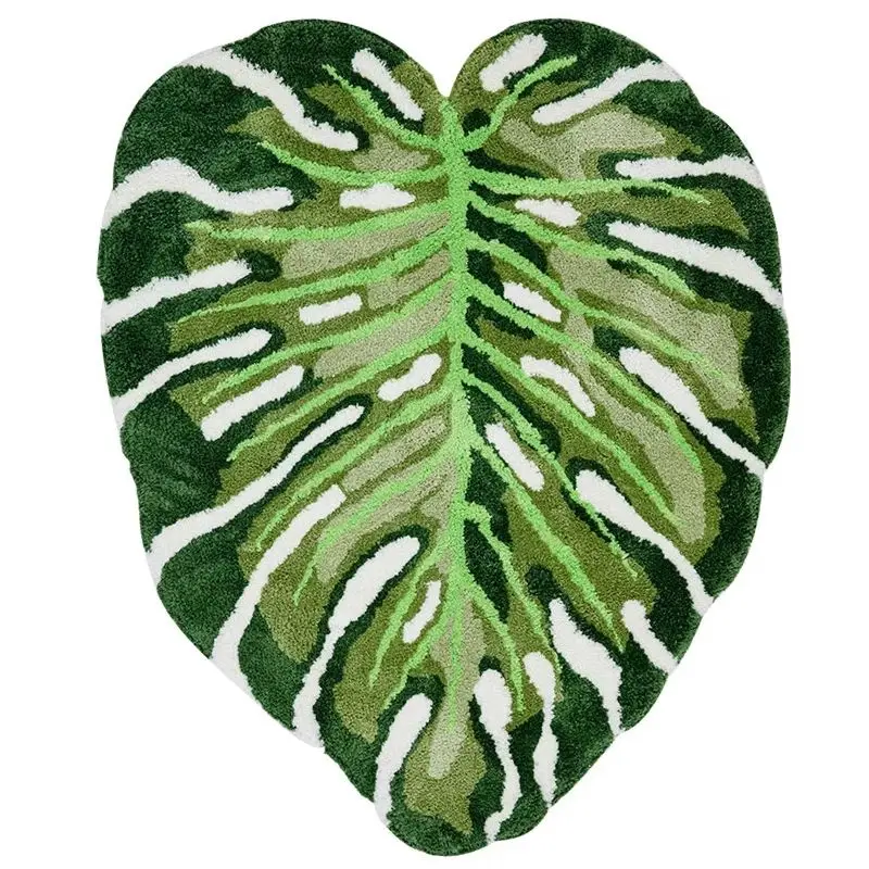 

Irregular Plant Tufted Rug Plush Tropical Leaf Area Rug for Living Room Bathroom Green Fluffy Bath Floor Mat