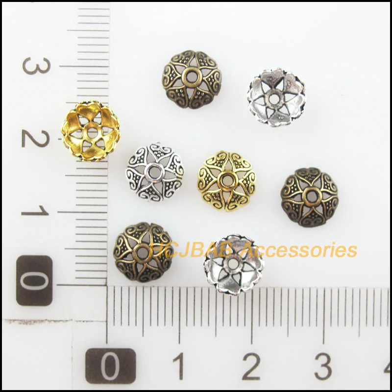 Fashion 100Pcs Retro Tibetan Silver Antiqued Bronze Gold Color Heart Flower Spacer End Beads Charms 8mm