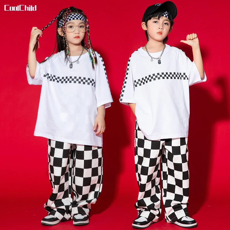 

Boys Street Dance Plaid Pants Loose T-shirt Girls Hip Hop Top Sweatpants Streetwear Clothes Set Kids Jazz Outfits Child Costumes