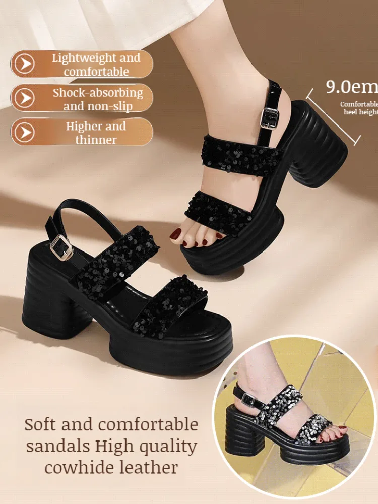 Comfortable and fashionable open toe heightening sandals for women fashion thick heel buckle sandals