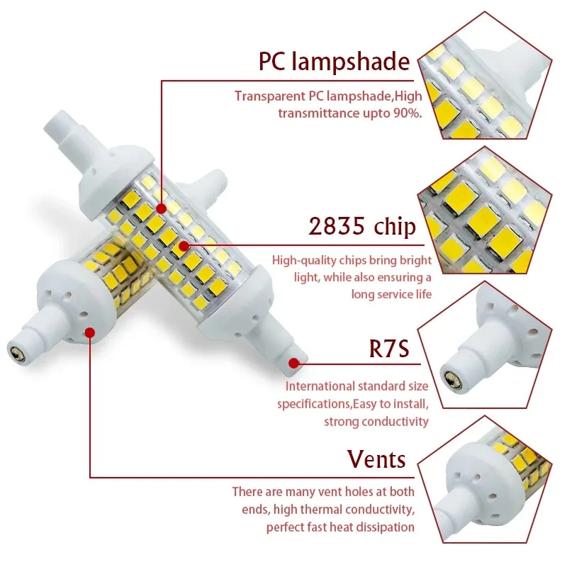 Ampoule LED R7S, lampe LED de remplacement halogène, 118 V, 78mm, 135mm, 2835mm, 6w, 9w, 12w, SMD 220