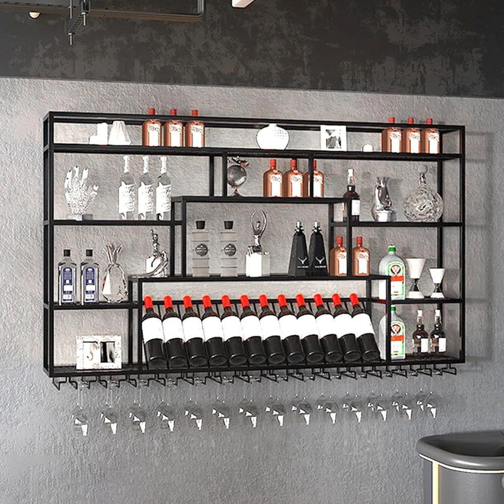 Wall Mounted Wine Rack, Metal Bar Liquor Shelves and Glass Holder, Multi-layer Wall Bar Shelf Wine Display Storage Hanging