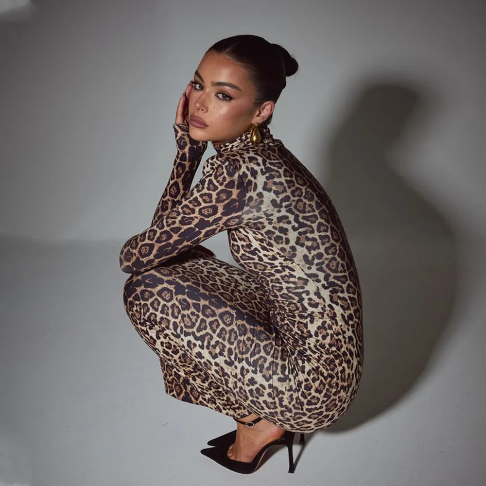 

2024 Autumn Winter Leopard Printed Slim Casual Maxi Dress Women Sexy Spicy Girls Turtleneck Full Sleeve Elegant Street Vestidos