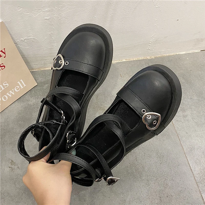 Women Mary Jane Shoes Harajuku Heart Black Wedge Thick Heel Platform Lolita Ladies Sandals Female Cross Tied Kawaii Sweet Shoes