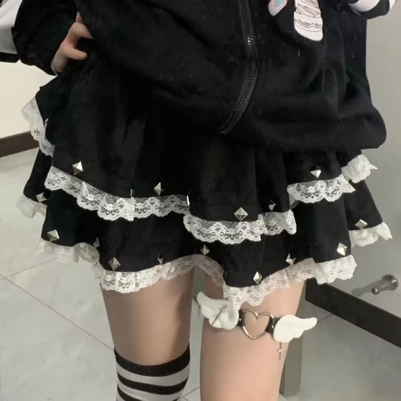 

Lolita Style Y2k Aesthetic Gothic Skirt Women Harajuku Casual Rivet Lace Mesh Ruffles Party Skirts Girls Cute Punk Tiered Skirt