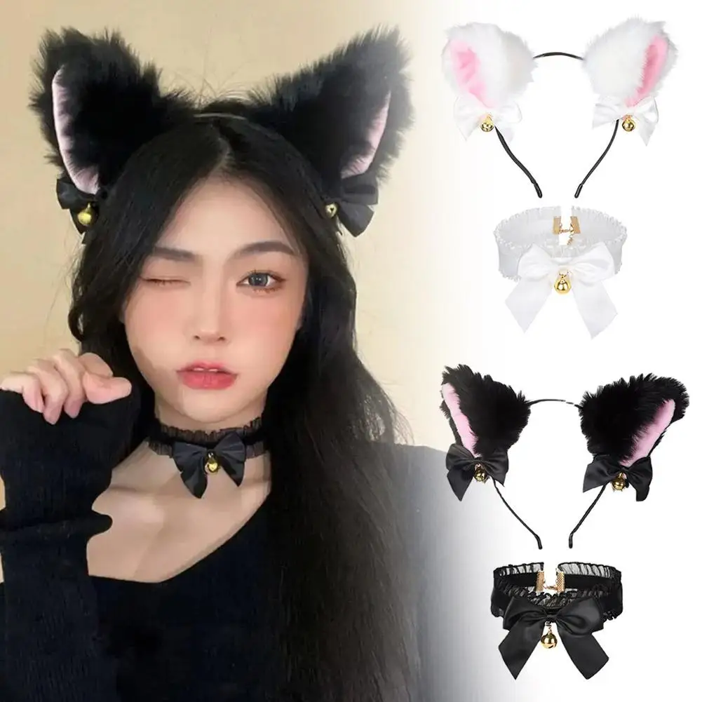 Cat Ear Bow Headband Necklace Claw Gloves Cosplay Plush Hair Bell Women Hairband Girl Party Masquerade Headwear X3C3