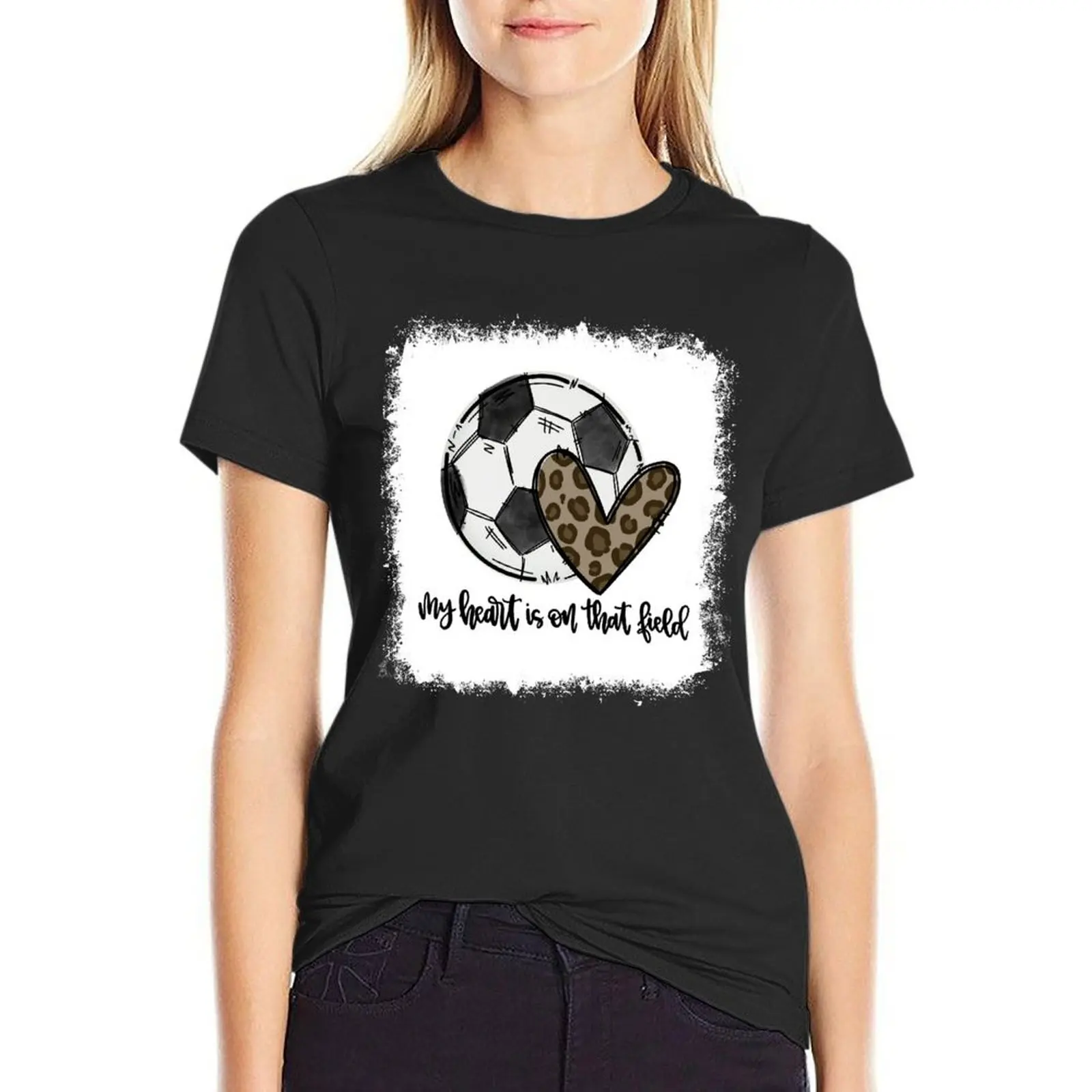 Bleached My Heart Is On That Field Soccer Mom Leopard T-Shirt funnys customizeds white t shirts for Women