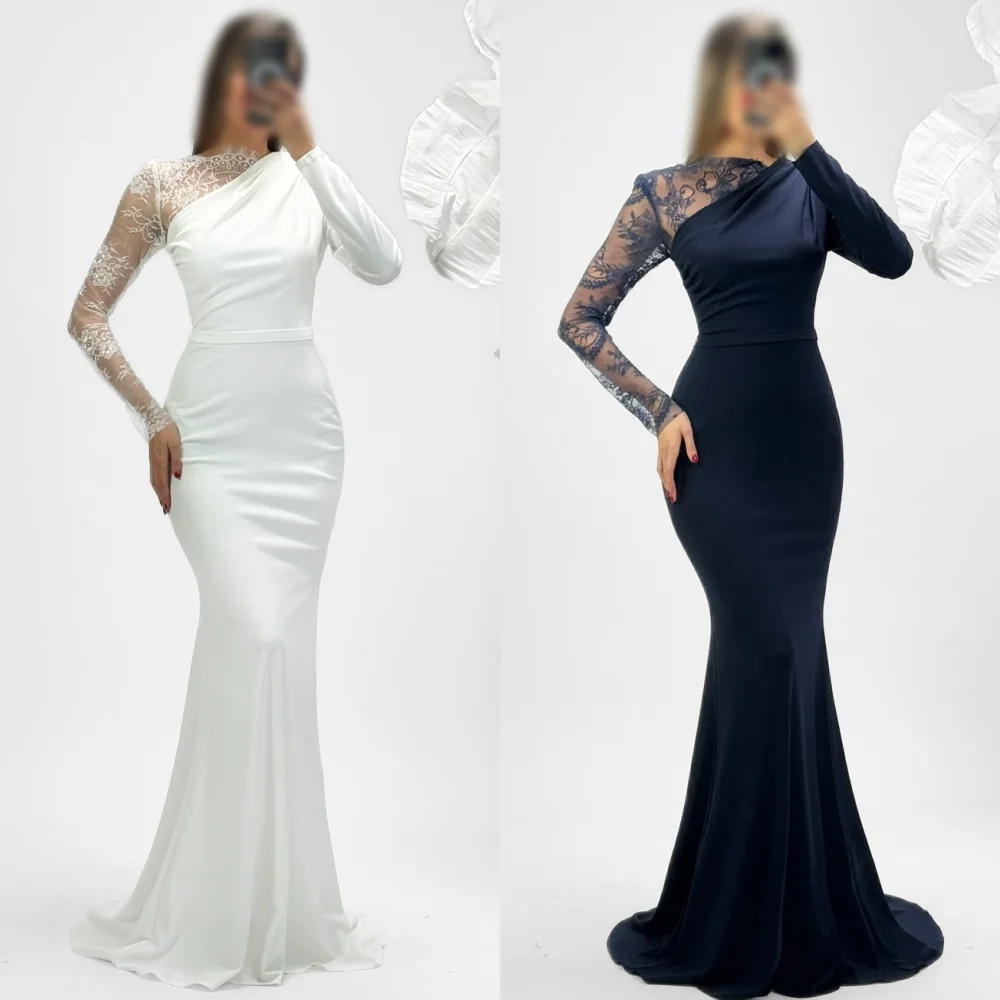 

Customized Elegant Classic Jersey Lace Ruched Mermaid Scoop Neck Long Dresses Bespoke Occasion Dresses Sizes Available Formal