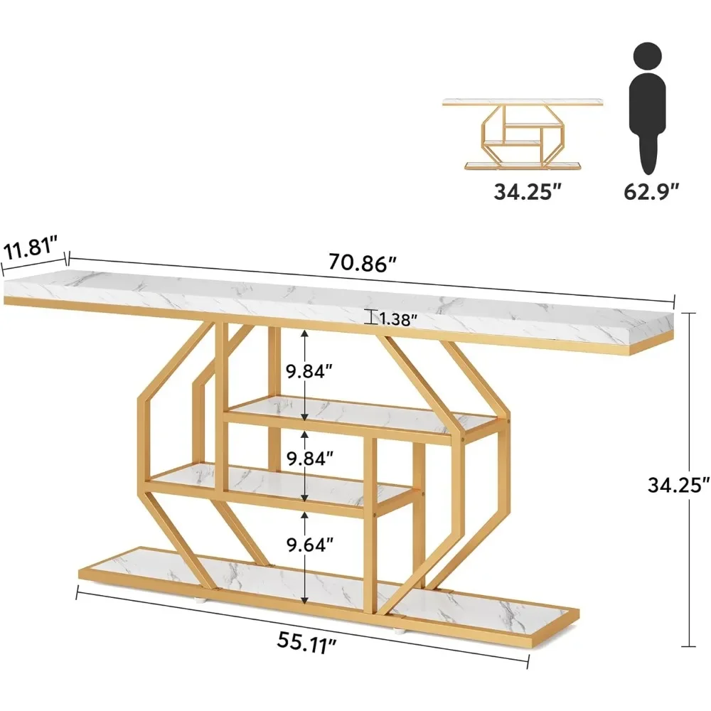 Table console extra longue 70.9 pouces, table de canapé dorée moderne derrière le canapé avec rangement, table d'appoint d'entrée à 4 niveaux pour salon