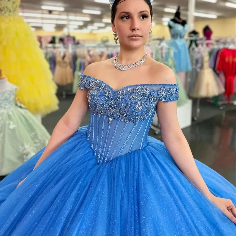 Blue Shiny Off The Shoulder Quinceanera Dresses  Princess Beads Crystal Tulle  Sweet Birthday Party Gown Sweet 16 Customized