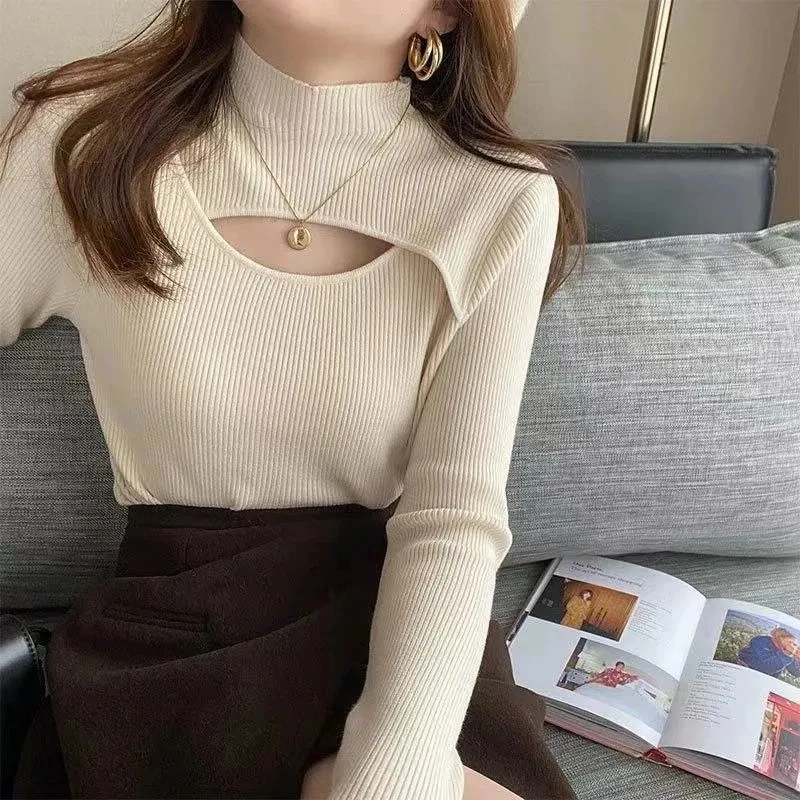 Autumn Winter Basic Semi-Turtle Neck Solid Sweater Pullover Women's Knitt Sweater Slim Long Sleeve Hollow Sweater Cheap Top Lady