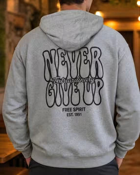 Men Cartoon Face Graphic Hoodie Back NEVER GIVE UP Letter Print Drawstring Long Sleeve Loose Streetwear Pullover Sweatshirt