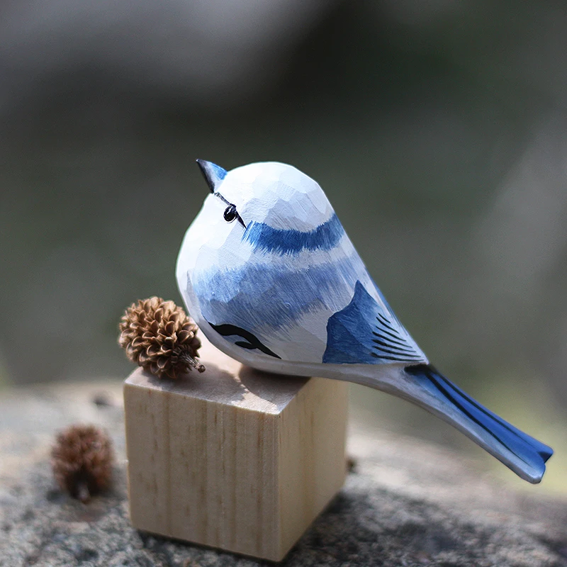 Hand-Carved Grey-Blue Tit Bird Model Solid Wood Azure Tit Bird Crafts Desktop Ornament Home Decor