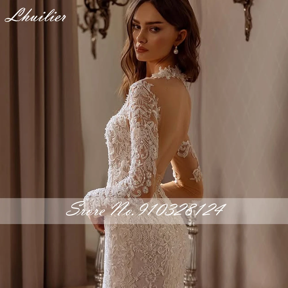 Lhuilier فساتين زفاف حورية البحر 2 في 1 مخصصة بأكمام طويلة دانتيل مطرز بدون ظهر مع ذيل قابل للانفصال
