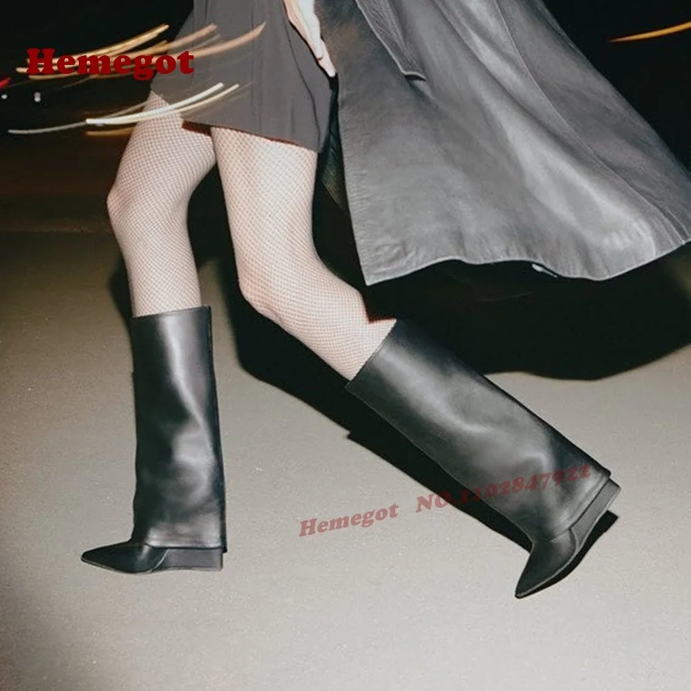 

Черные сапоги до колена на танкетке с острым носком, однотонные кожаные женские сапоги без шнуровки, зимние высокие каблуки, новинка 2025, роскошная обувь