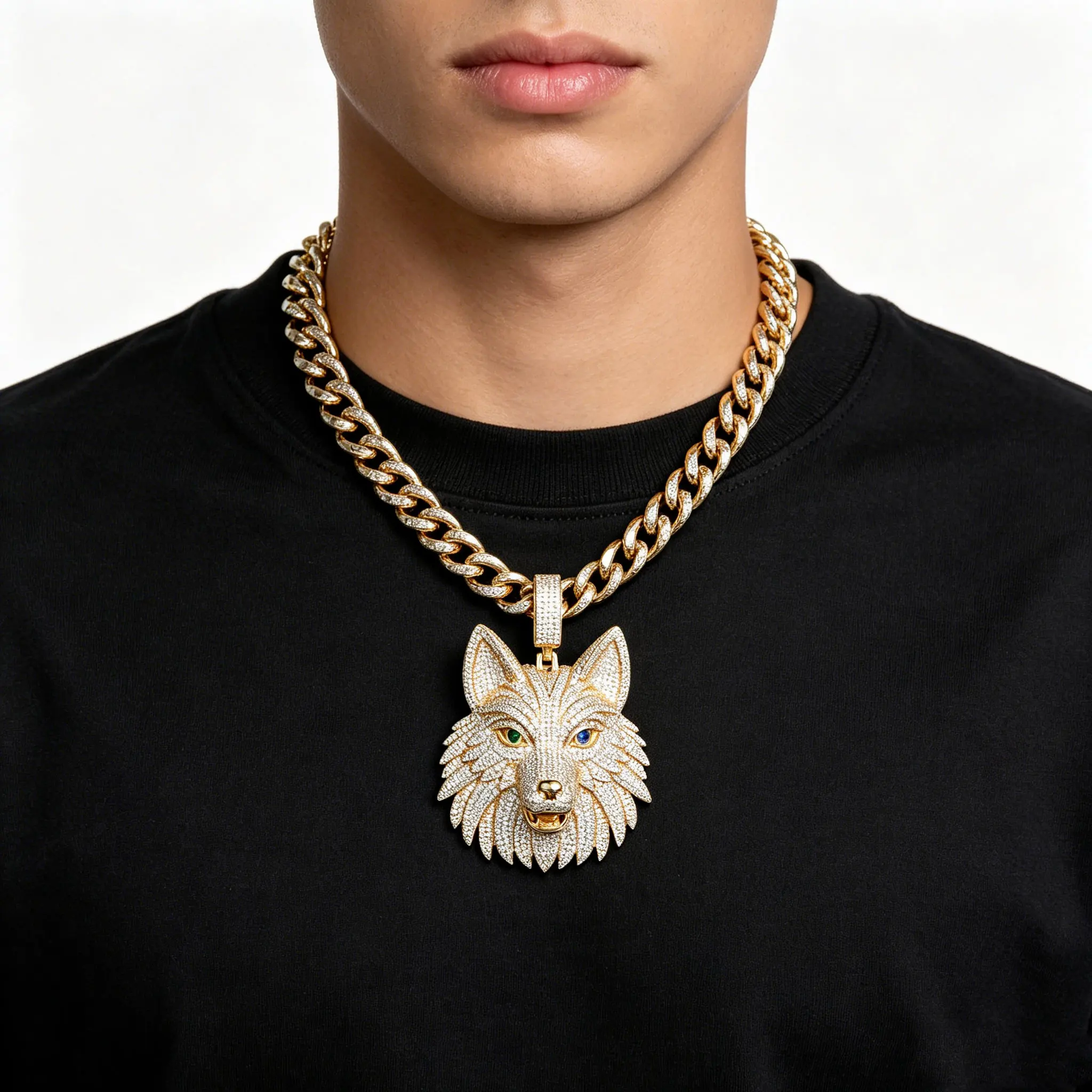 LYEE CYEE's Luxurious Full Diamond Two-Color Heterochromatic Animal Wolf Head Hip-Hop Pendant Can Be Paired with Exquisite Jewelry from Cuban Chain Rappers for Decorating Both Men's and Women's Holiday Gifts, Anniversary Gifts, and Birthday Gifts. Unique