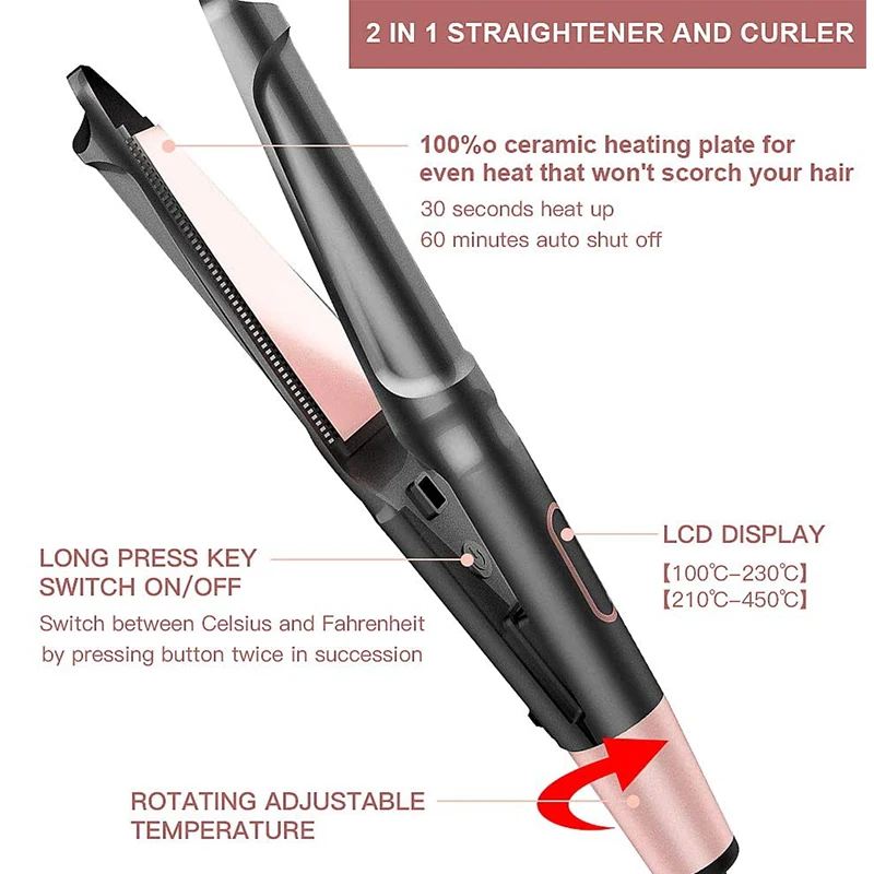 2-In-1 Hair Straightener Iron Flat Curling Iron, Curling Iron Tourmaline Ceramic Twisted Flat Iron