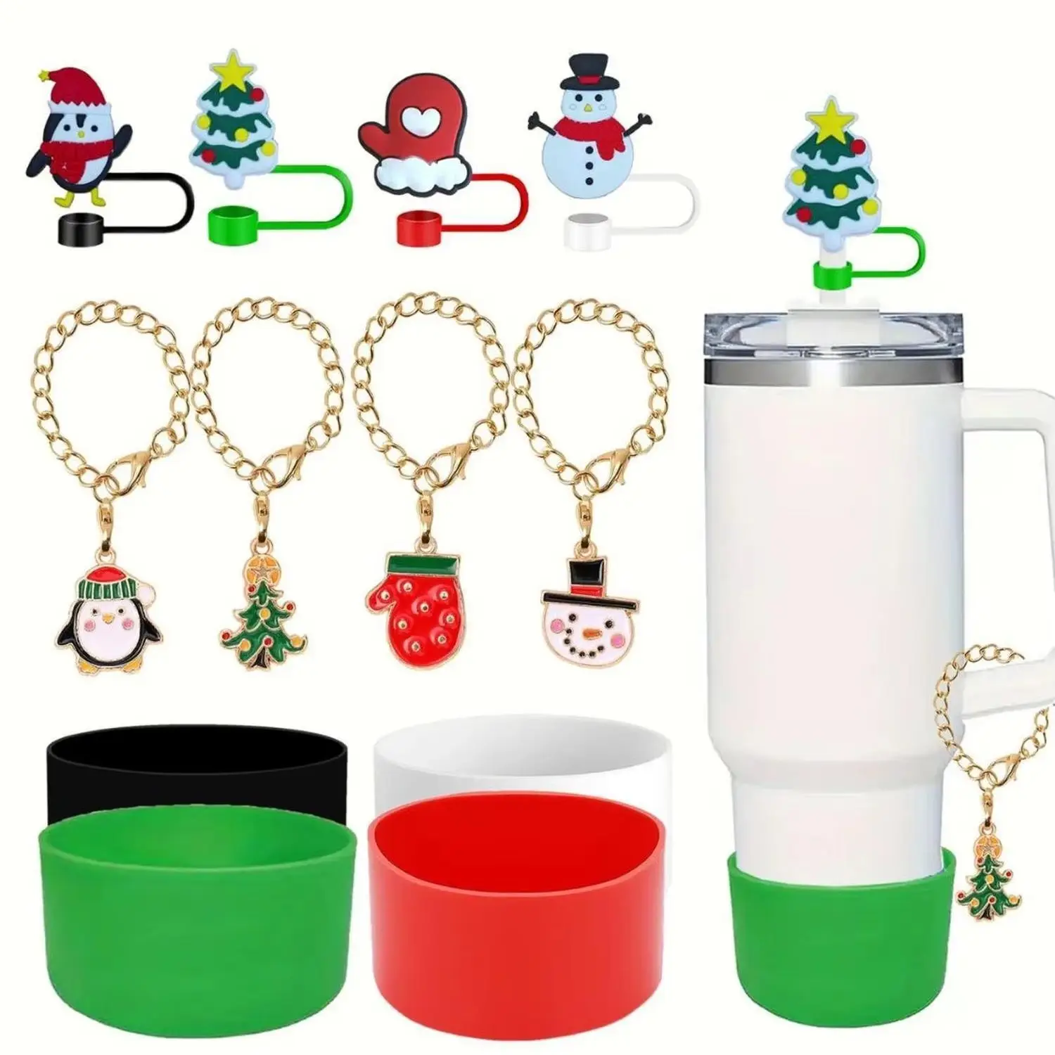 For Stanley Iced Tumbler Cross-Border Silicone Decorative Accessories Pearl Pendant Chain Bow Straw Cap Straws Straw Cleaner Set