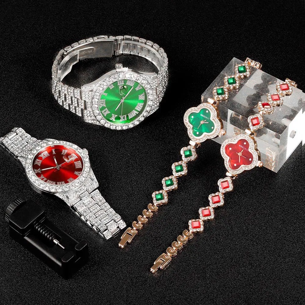 

2pcs Hip-hop Couples Watch Set Iced Out Four Leaf Clover Inlaid Diamonds Watch Men Women Luxury Punk Trend Party Jewelry Gift