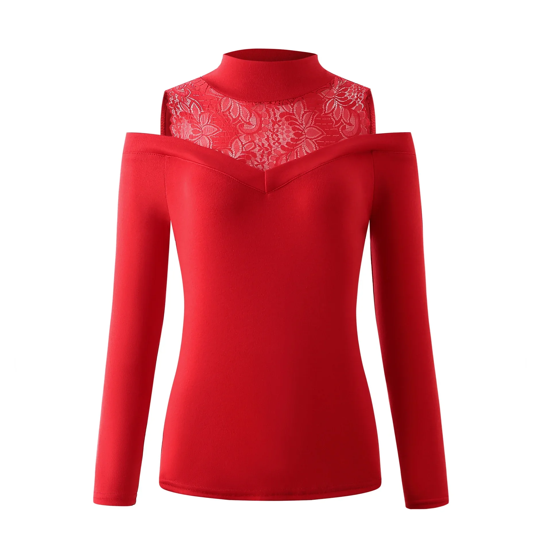 Women\'s clothing casual commuting shirt autumn and winter new item solid color lace patchwork off shoulder long sleeved top