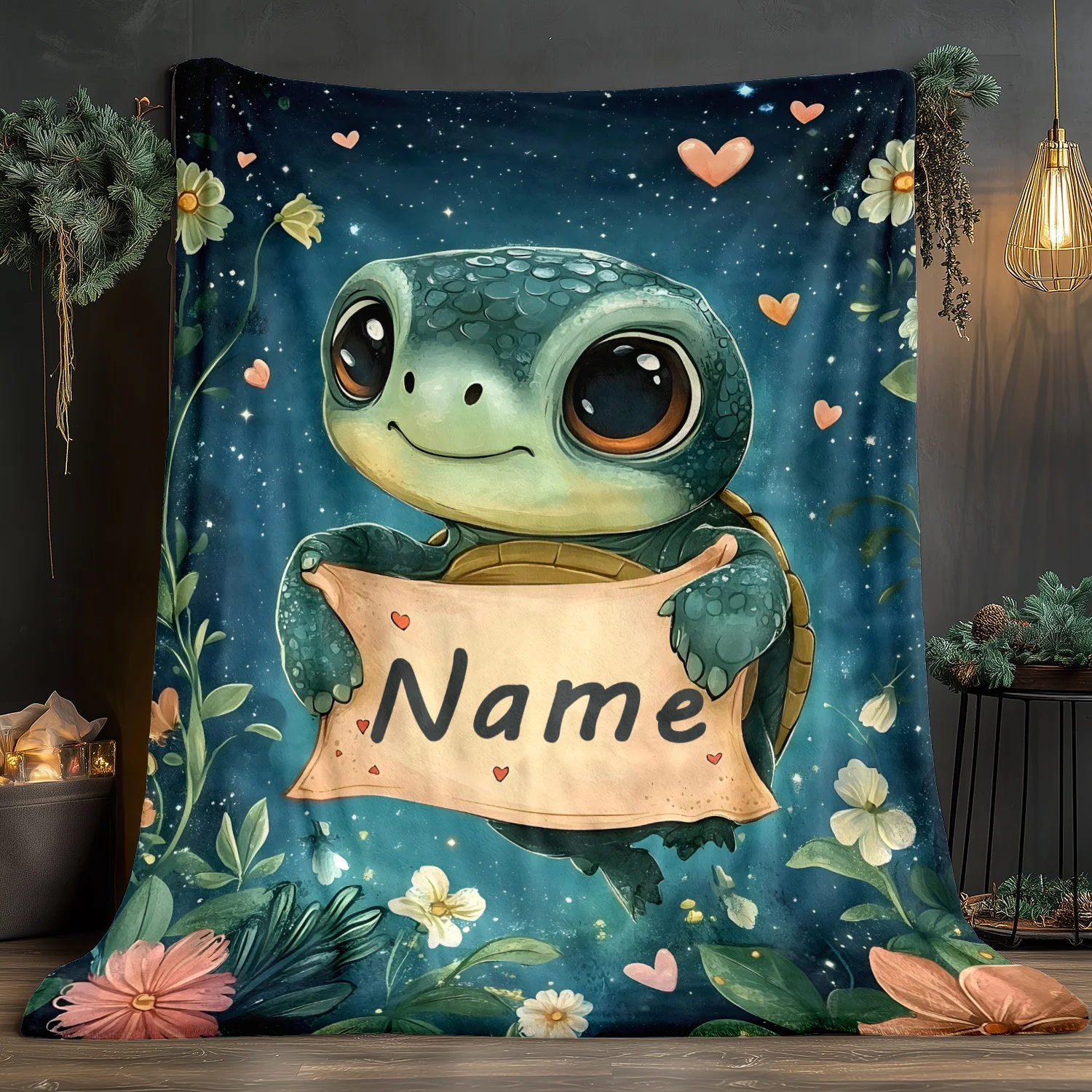 Personalized Turtle Blanket Cute Sea Turtle Holding Name Banner Floral Design Night Sky Pattern Soft Fleece Throw Gift