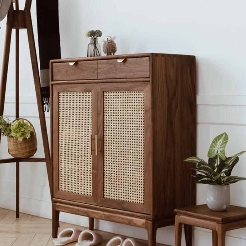 

Black Walnut Wooden Shoe Cabinet Large Capacity Hall Cabinet Entrance Shoe Cabinet Rattan Door Entrance Cabinet