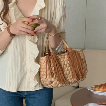 갈색 옥수수 가죽 짠 드리워진 밀짚 가방 단색 여행 휴가 해변 가방 핸드백 천연 소재 내구성