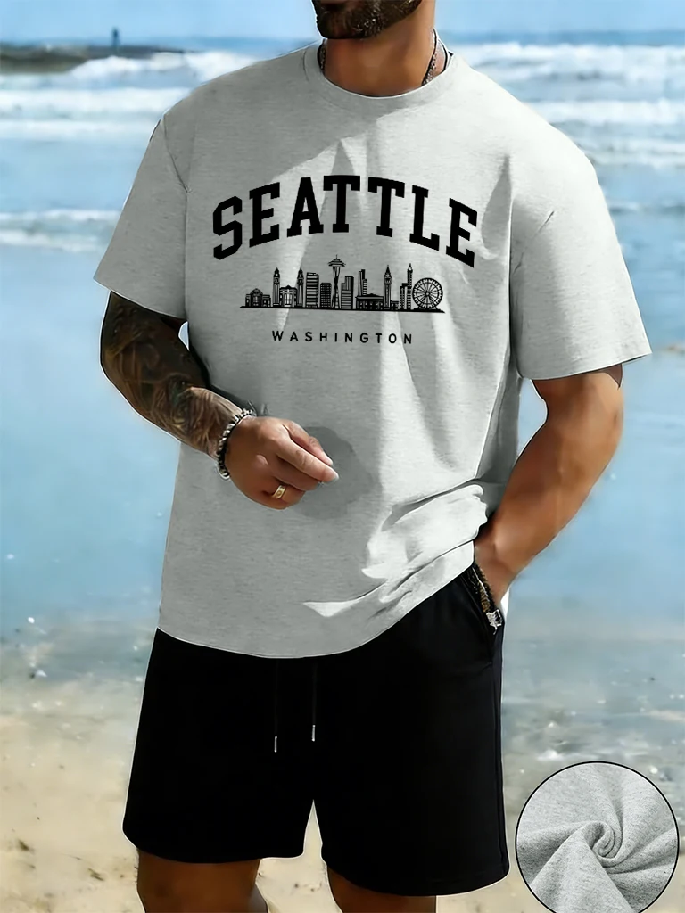 Seattle Washington Letter Creative Design Man Sets Running O-Neck Streetwear Cotton Soft Short Sleeve Casual Summer Tee & Shorts