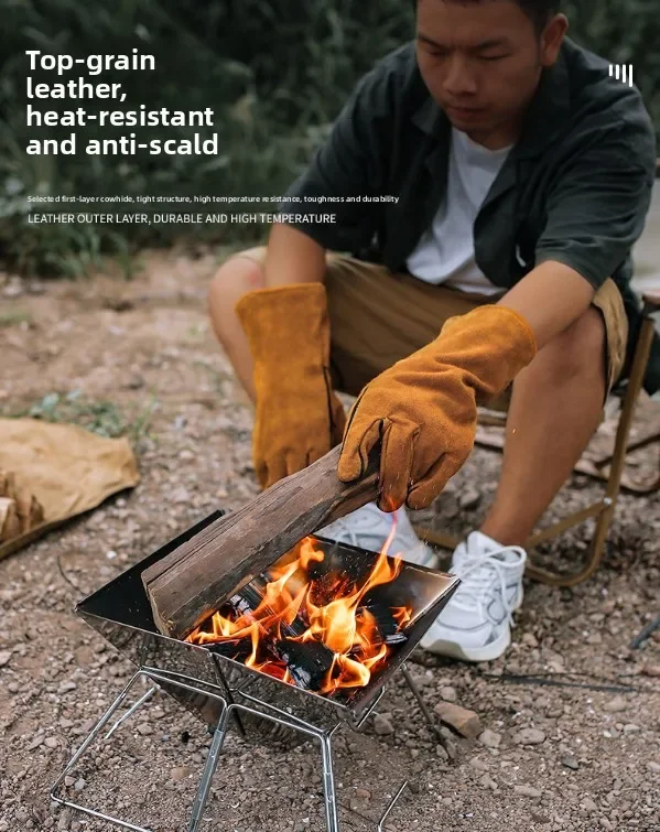 New 2026 Leather Work Gloves Heat-resistant Wear-resistant Heat-insulating Outdoor Camping Picnic Barbecue Protective Gloves
