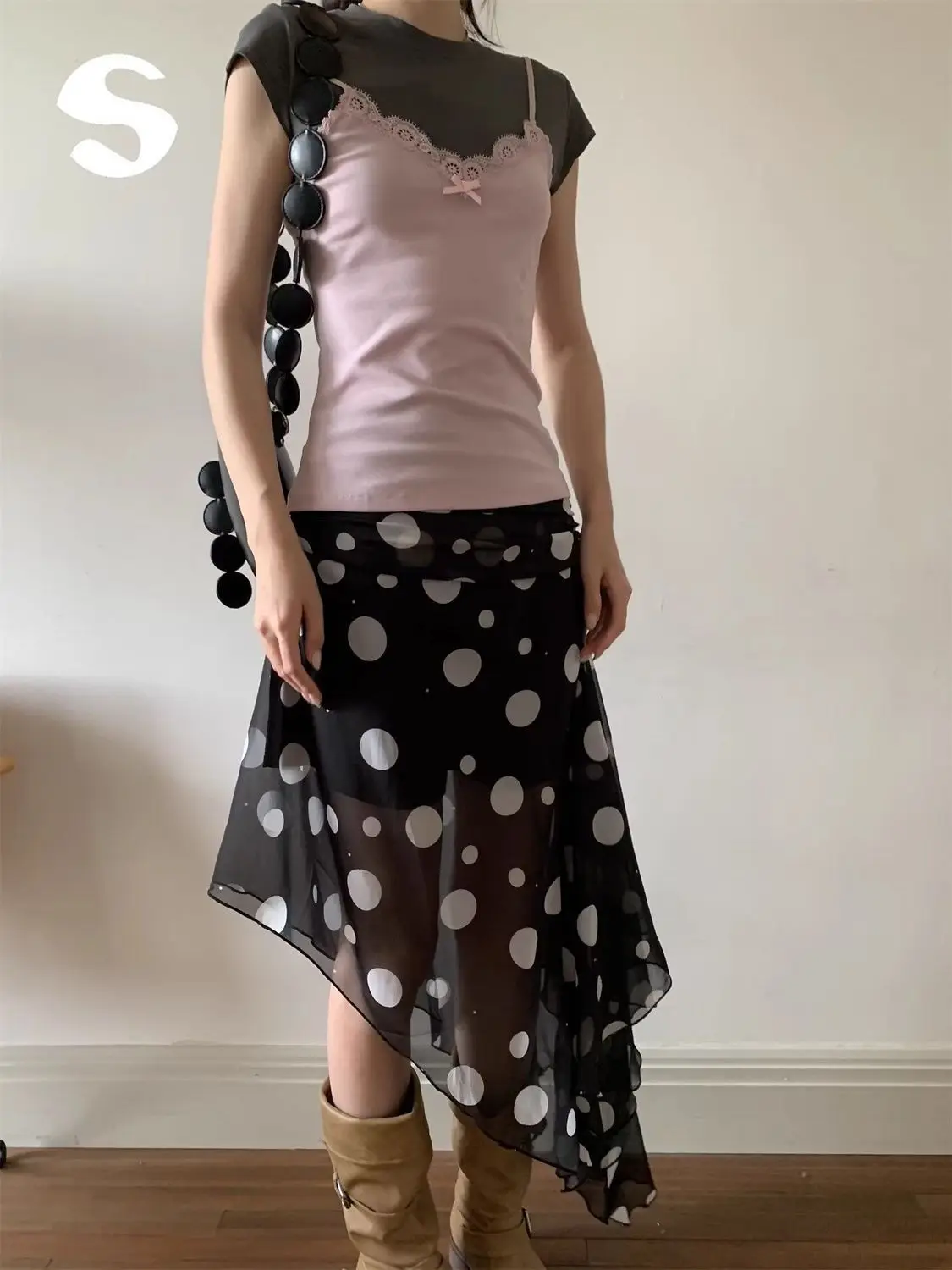 2026 summer fashion on the new Korean wear black polka dot irregular mesh stitching design long skirt skirt